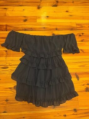The Impeccable Pig Black Off-Shoulder Ruffle Tiered Dress- Navy